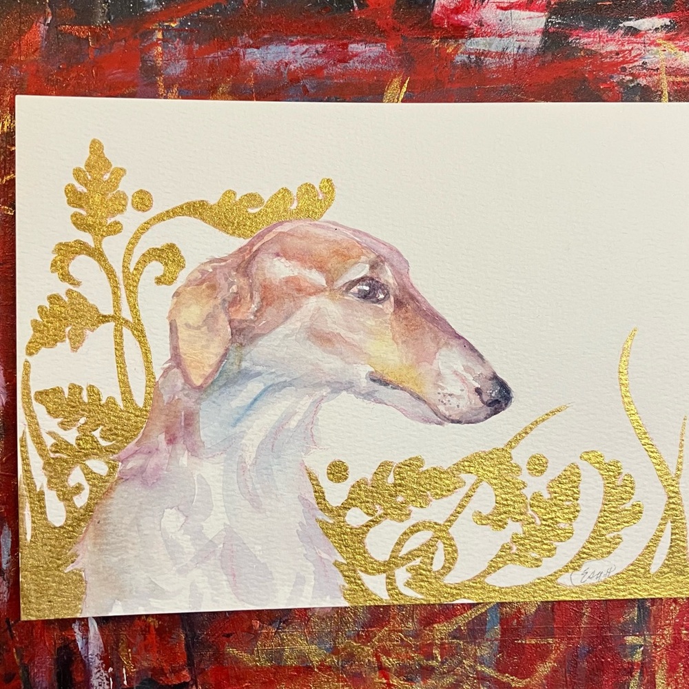 Original Painting Borzoi Dog watercolor Gold accents Floral Art Artettina - Picture 3 of 8